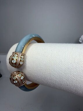 Gold and Light Blue Hinged Cuff Bracelet